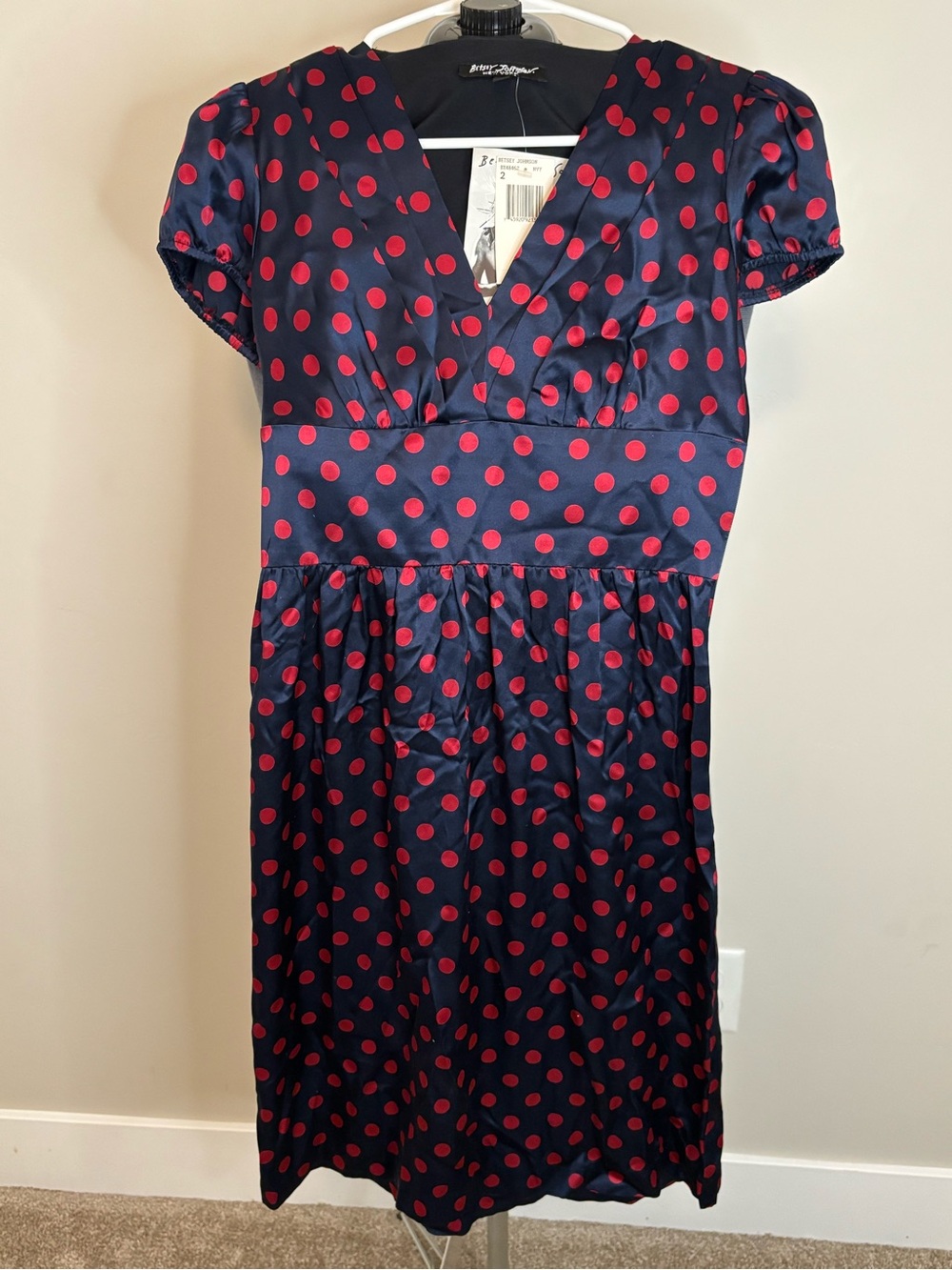 Vtg Betsey Johnson Silk Polka Dot V-Neck Dress NWT Size 2 New With Tags